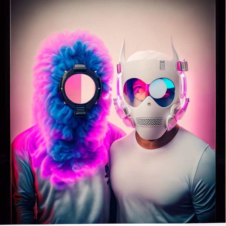 Two individuals in vibrant futuristic outfits against gradient background