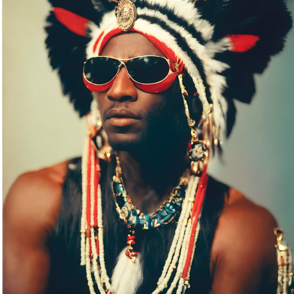 Portrait of a person in Native American headdress and sunglasses