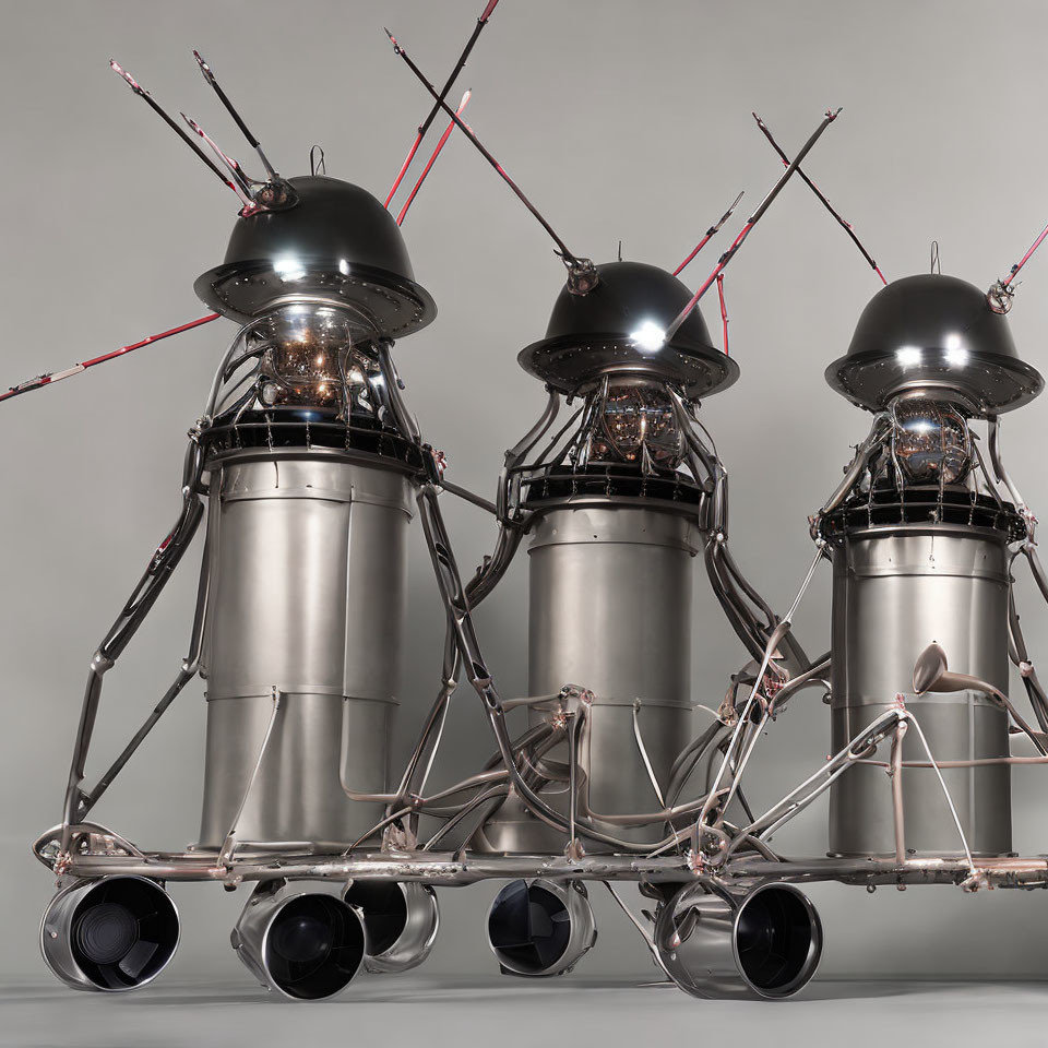 Metallic Robot Sculptures with Conical Bodies and Dome Heads