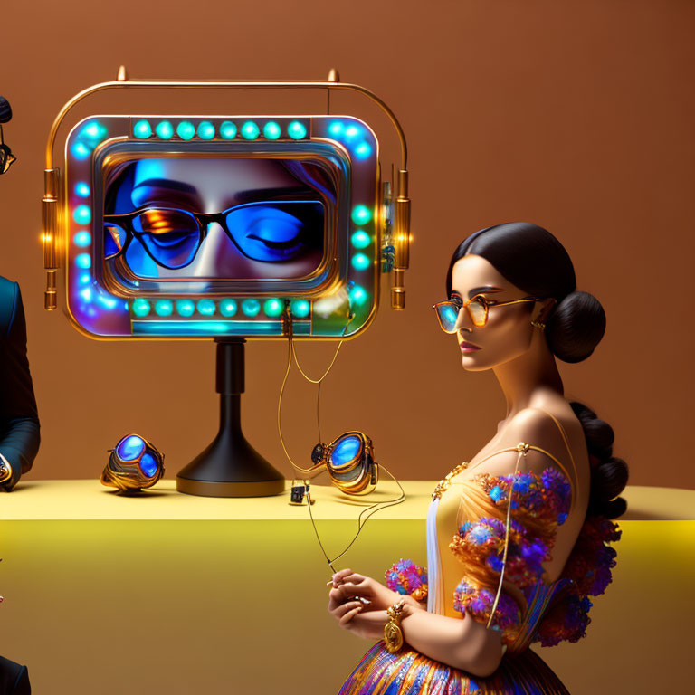 Stylized image of woman with sleek hair and colorful dress beside retro-futuristic TV.