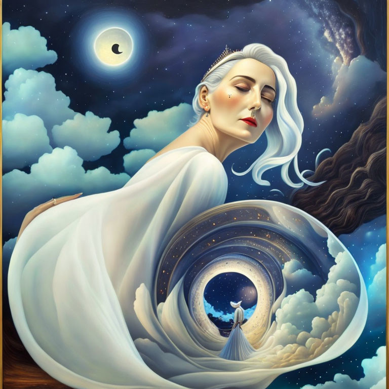 Surreal illustration of woman in cosmic dress under crescent moon