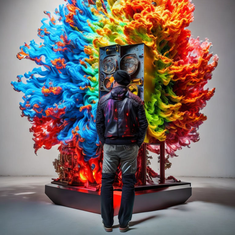 Person in dark outfit with colorful smoke cloud from vintage speaker box