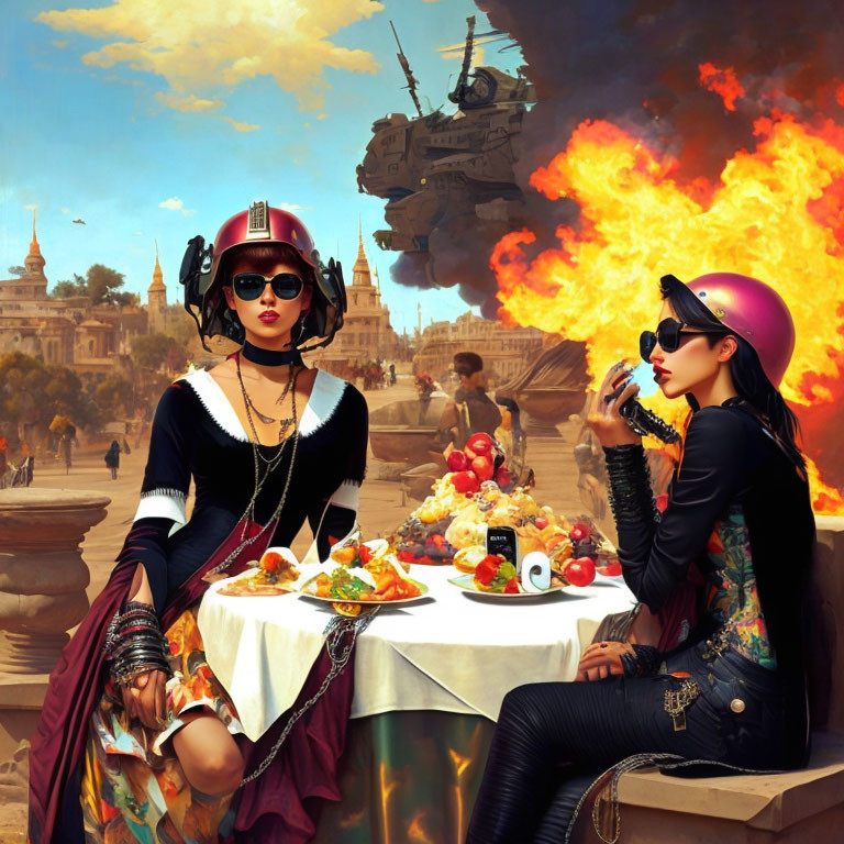 Stylish women in helmets dining at table with fruit, background of exploding tank and classical architecture