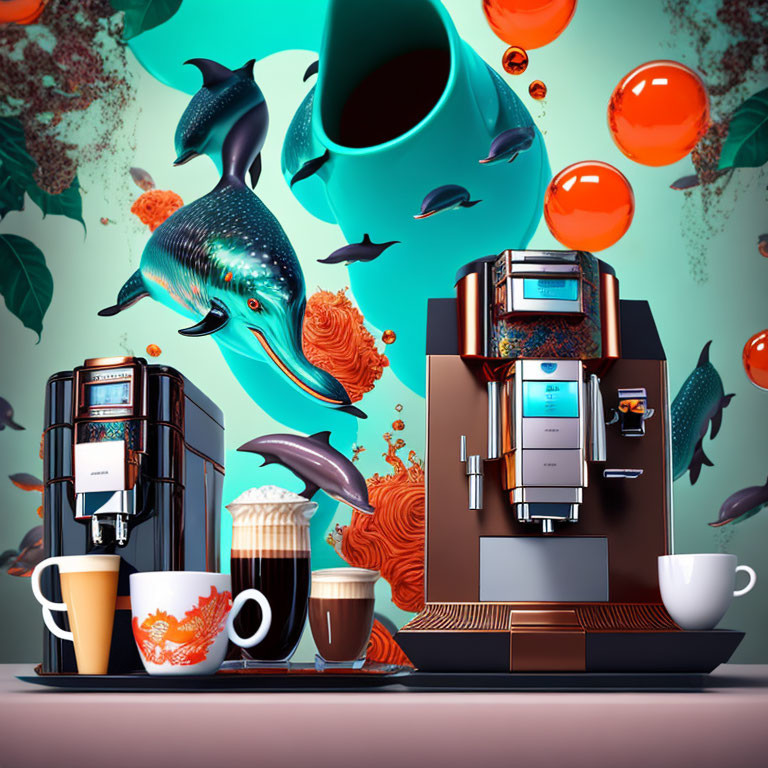 Surreal coffee machines and aquatic animals on teal background