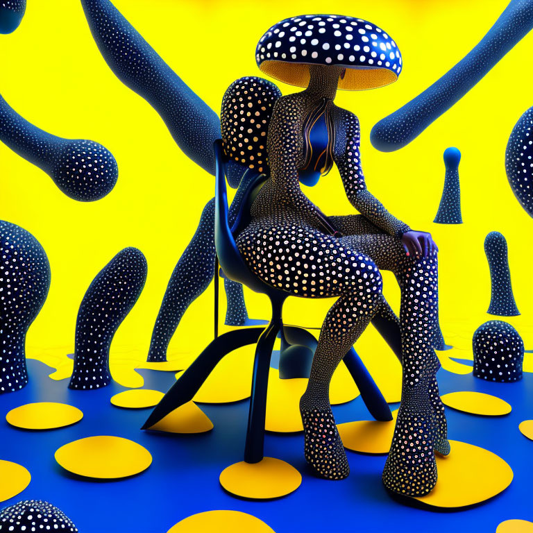 3D humanoid figure with mushroom cap head seated on chair in yellow background