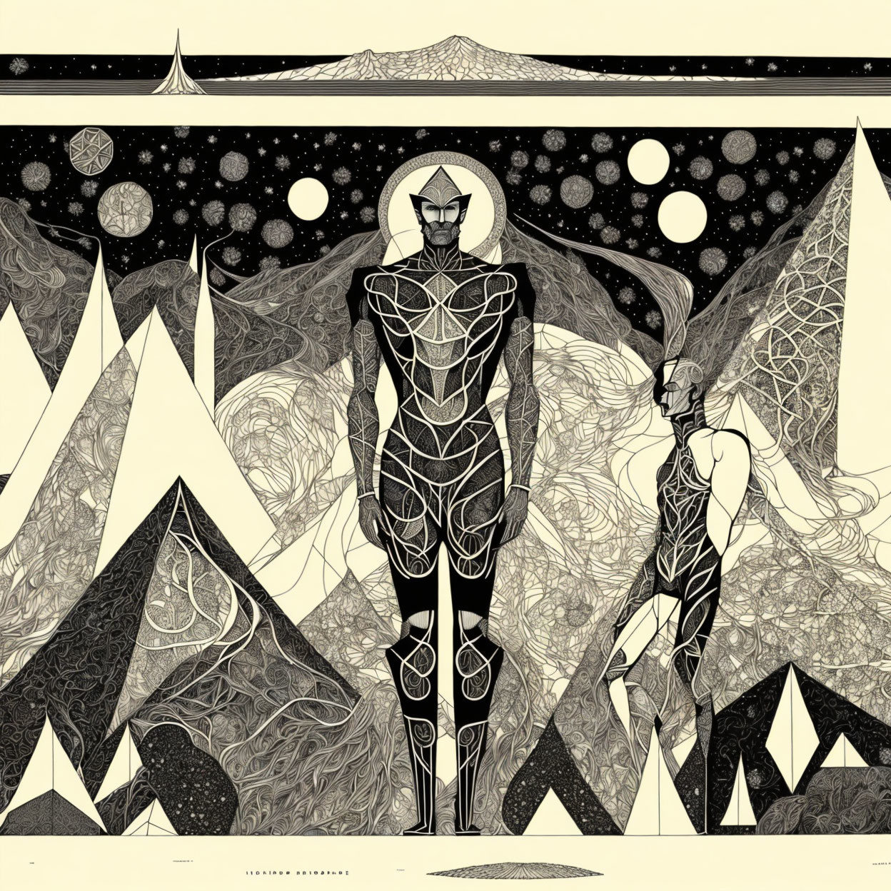 Stylized humanoid figure in mountain landscape under starry sky
