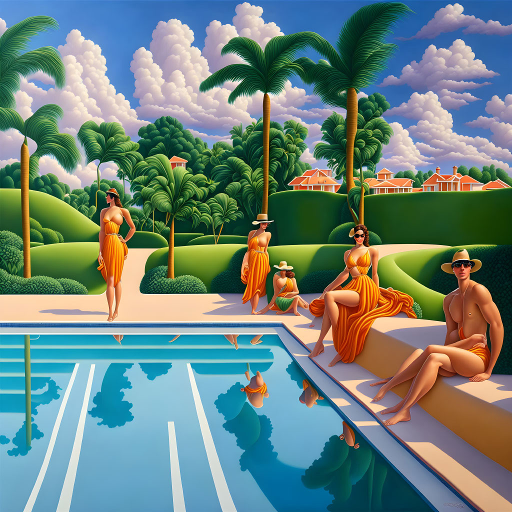 Illustration of four people by pool with palm trees, hills, and villas under blue sky.