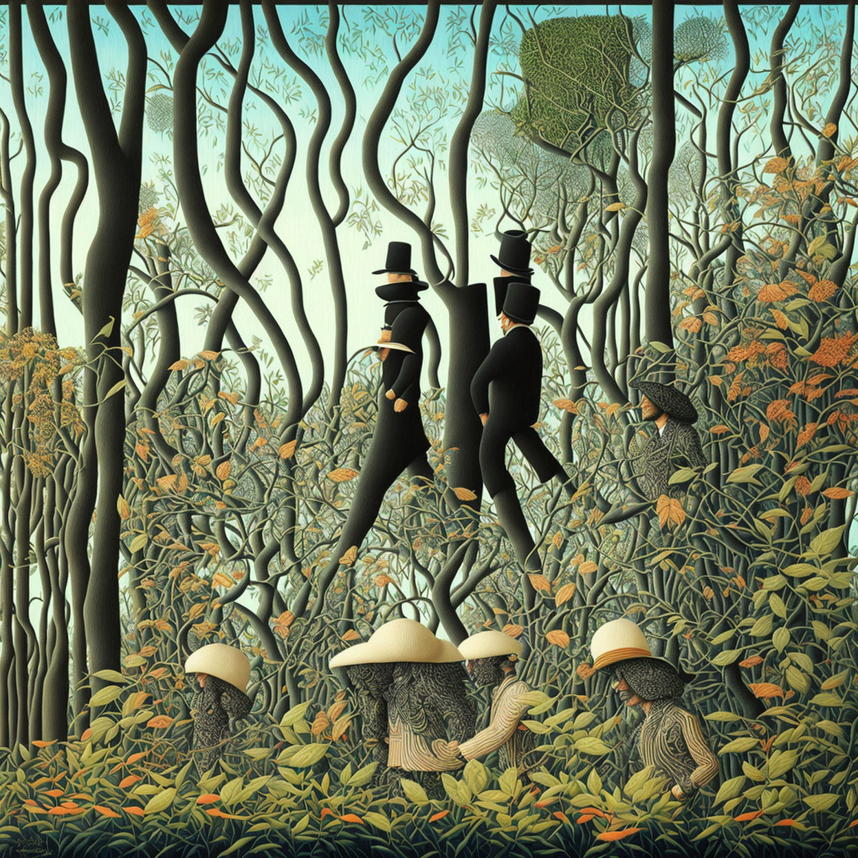 Silhouetted figures with top hats in forest with human-like mushrooms