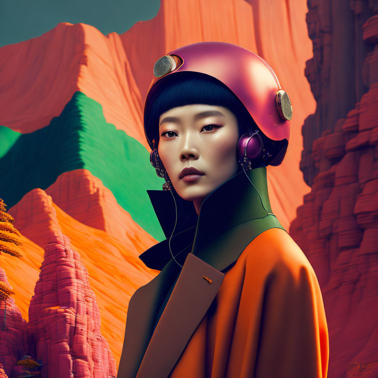 Woman with Pink Helmet and Headphones in Surreal Orange Landscape