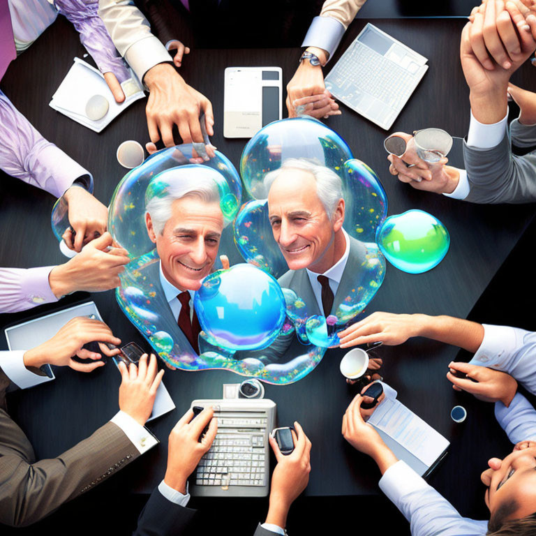 Professionals at table with gadgets and papers observing smiling face in soap bubbles