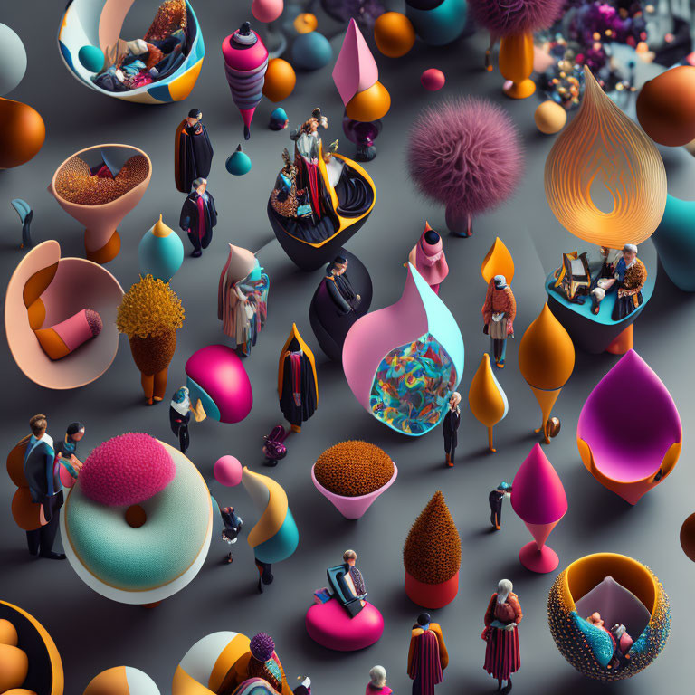 Colorful 3D Rendered Vases with Miniature People in Various Activities