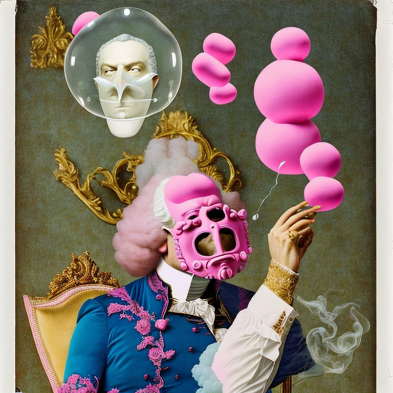 Surreal portrait: man in historical attire with balloon-like mask, bubblegum, floating face