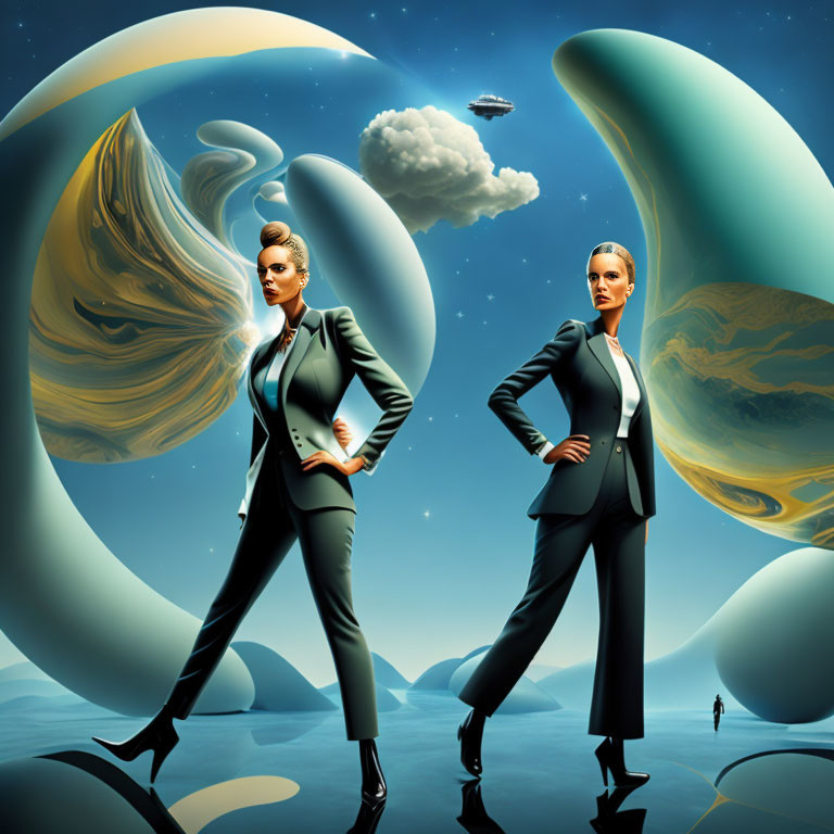 Stylized women in suits on alien planet with surreal sky shapes