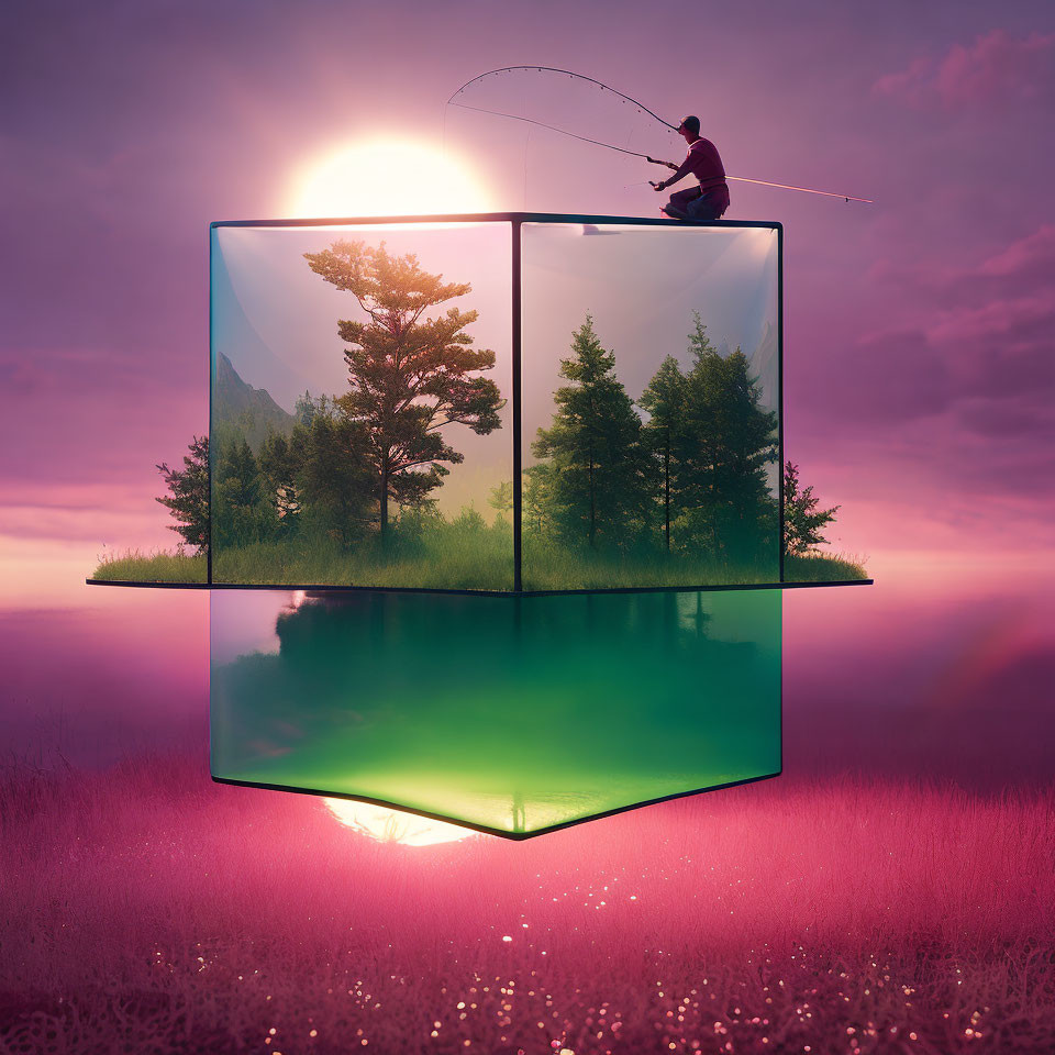 Person fishing on transparent cube in surreal purple landscape