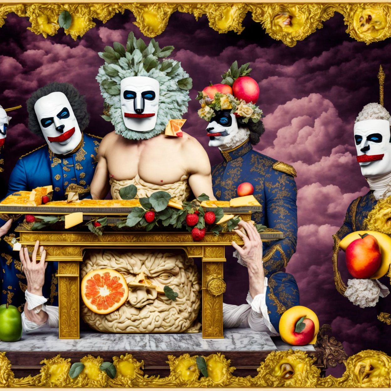 Three individuals in ornate historical outfits with masks pose around a golden table in surreal setting.