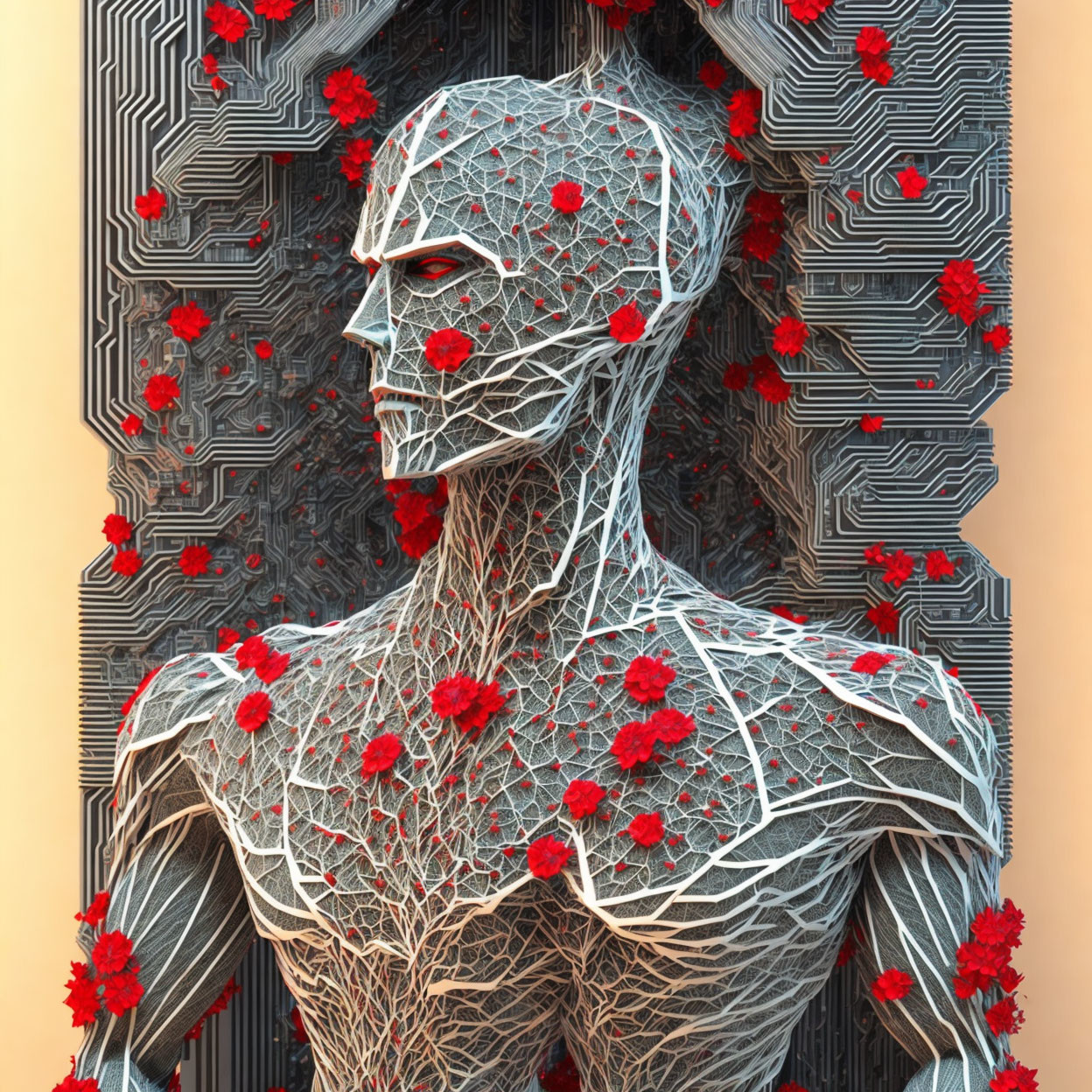 Humanoid Figure with Web-Like Structure and Red Flowers on Circuitry Background