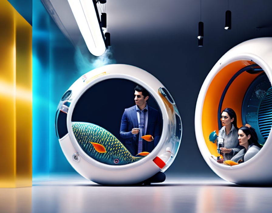 Contemporary office pods with futuristic fish-themed decor.