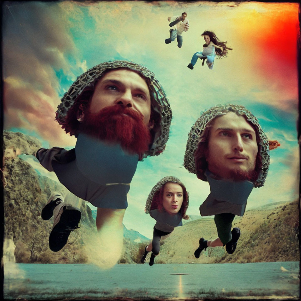 Surreal image: Floating heads in medieval helmets over landscape with running man and woman.