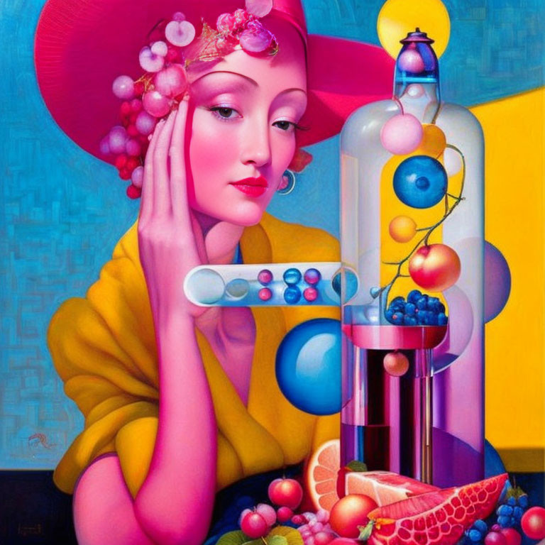 Surrealist painting of woman in yellow with red hat and complex molecular structure