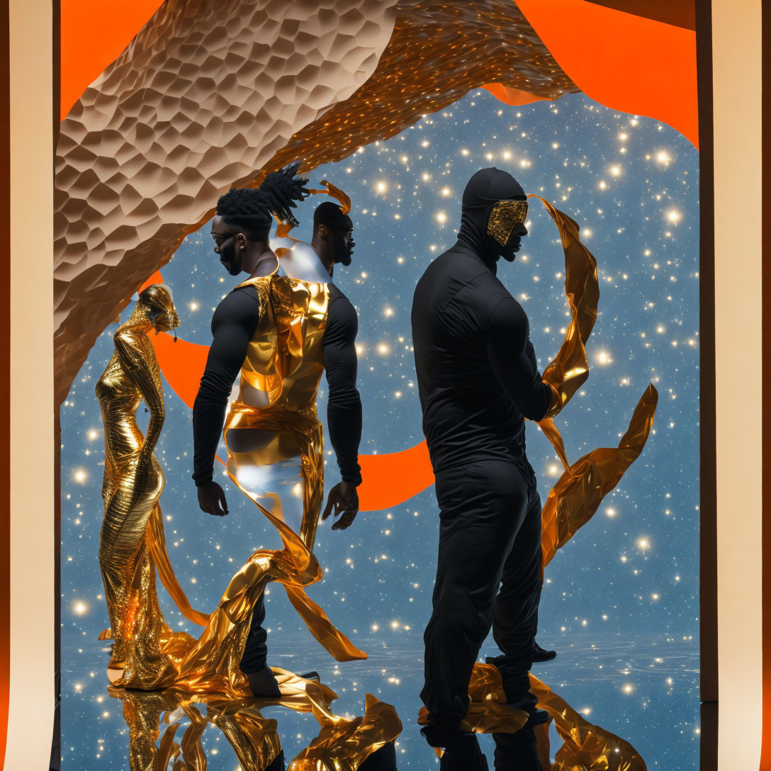 Three individuals in artistic costumes with golden elements against abstract shapes and starry sky.