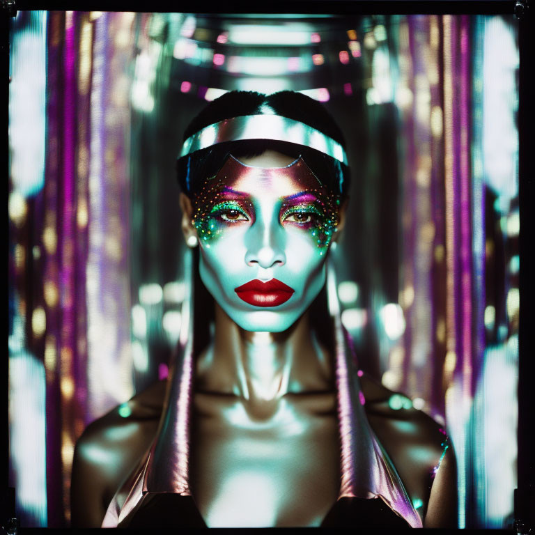 Vibrant makeup and futuristic headpiece on woman in neon-lit setting