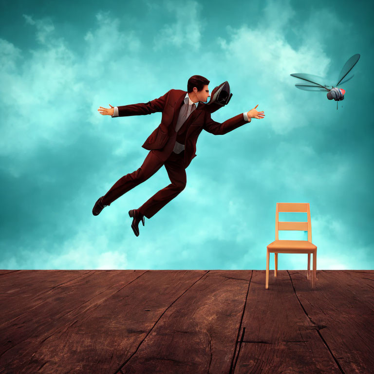 Man in suit leaping to floating hat with surreal background