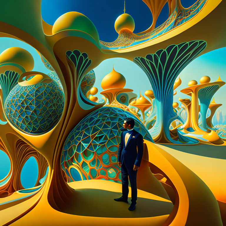 Surreal landscape with person in suit and stylized trees