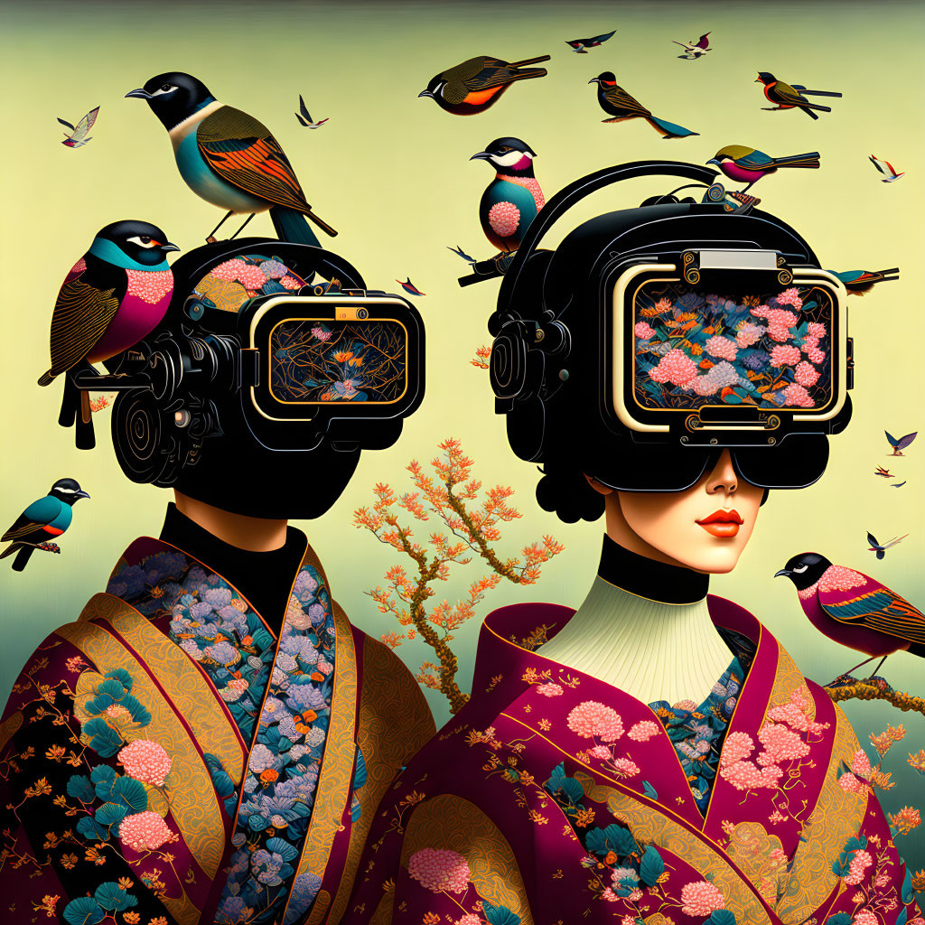 Colorful birds and vintage TV sets on figures in ornate kimonos against yellow backdrop