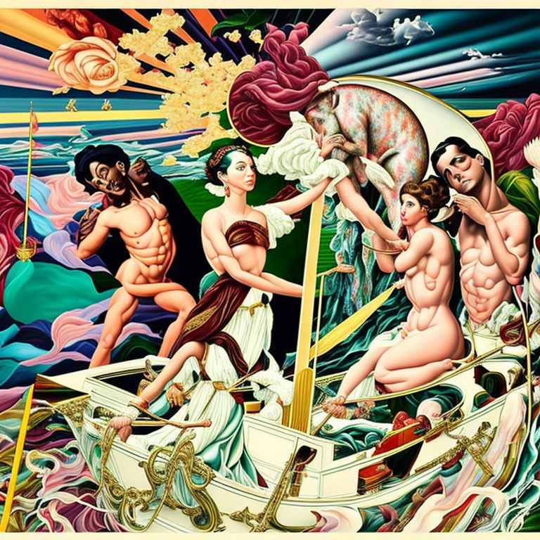 Surrealist painting of mythological figures in golden chariot