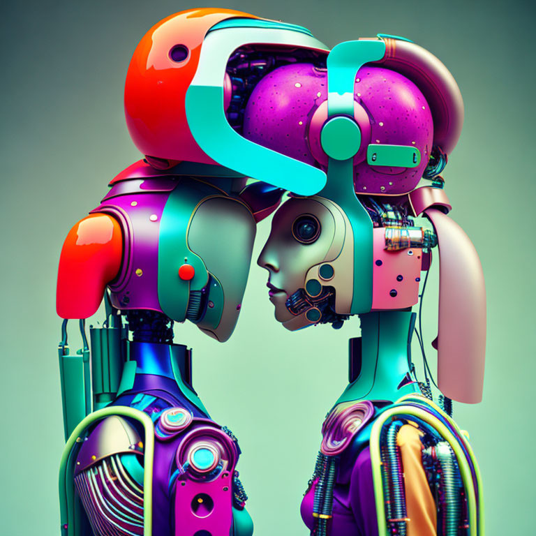 Stylized robots with human-like features and vibrant, multicolored parts wearing large headsets