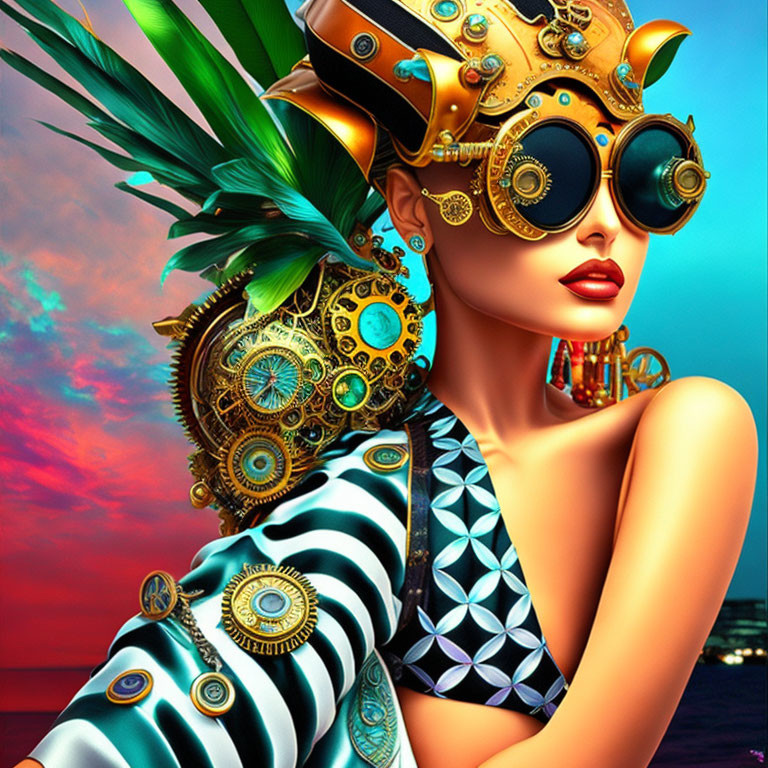 Steampunk-themed portrait of a woman with goggles and gears against a sunset sky