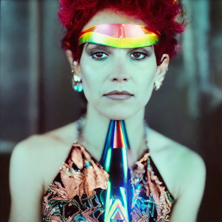 Red-haired woman in holographic visor emits light beam in embellished attire