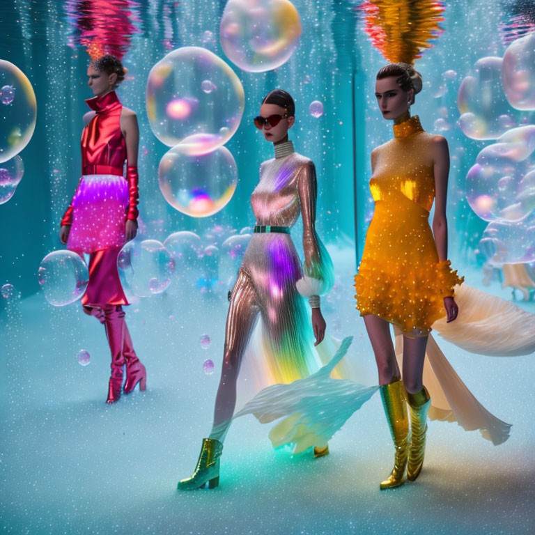 Futuristic fashion models with iridescent textures and bubbles on blue backdrop