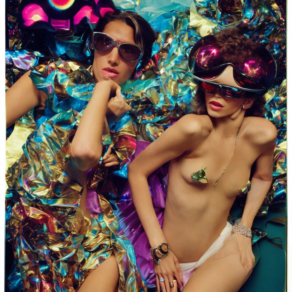 Two People Wearing Oversized Sunglasses in Colorful Foil Background