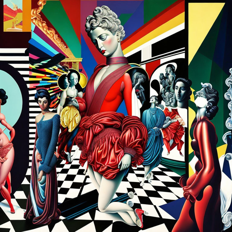 Colorful surrealist artwork with human figures and geometric patterns