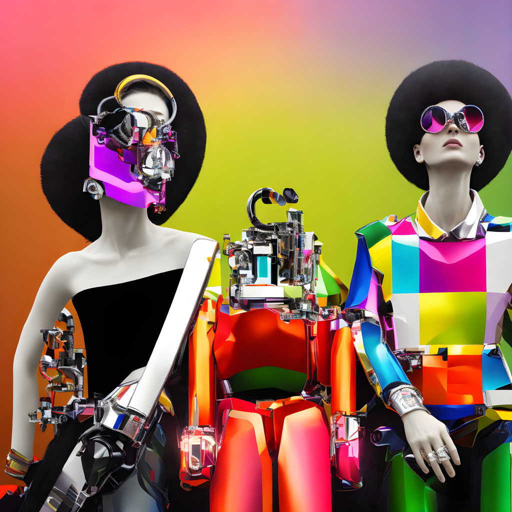 Mannequins with robotic parts and stylish clothes on multicolored background