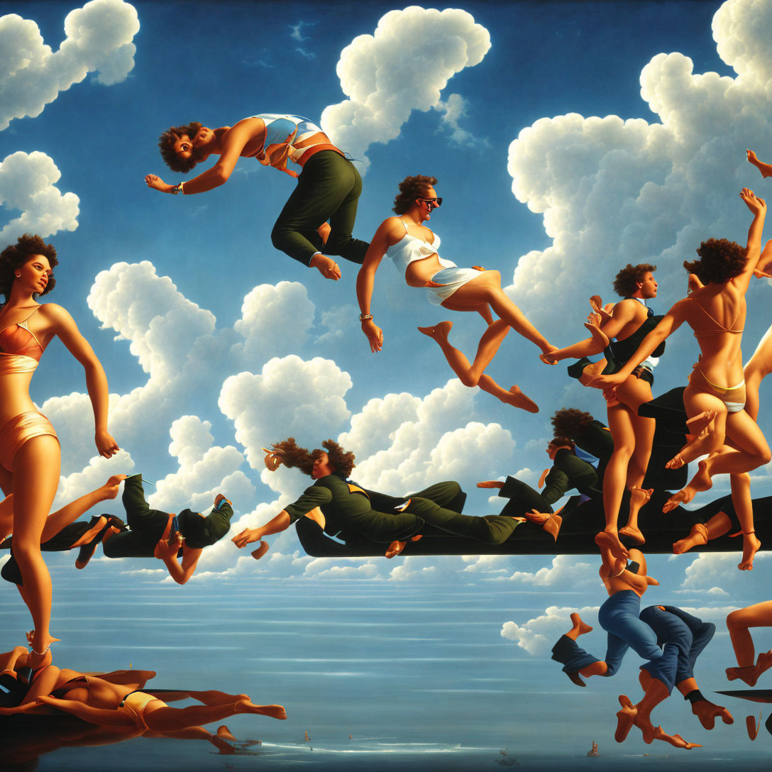 Surreal painting: People floating above reflective sea, clear blue sky with white clouds.