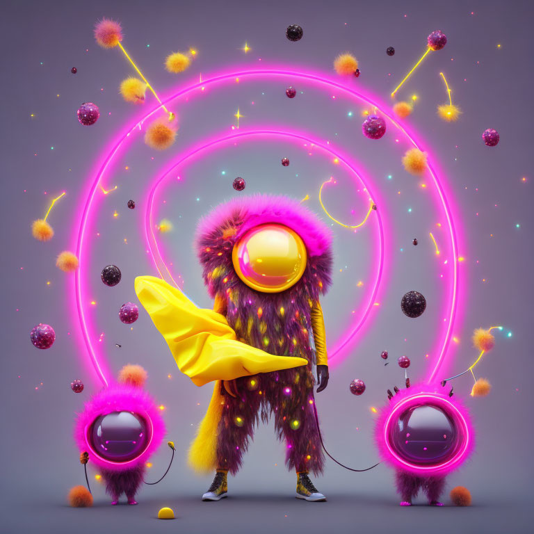 Colorful character in furry costume with large helmet surrounded by neon rings and spheres on purple background