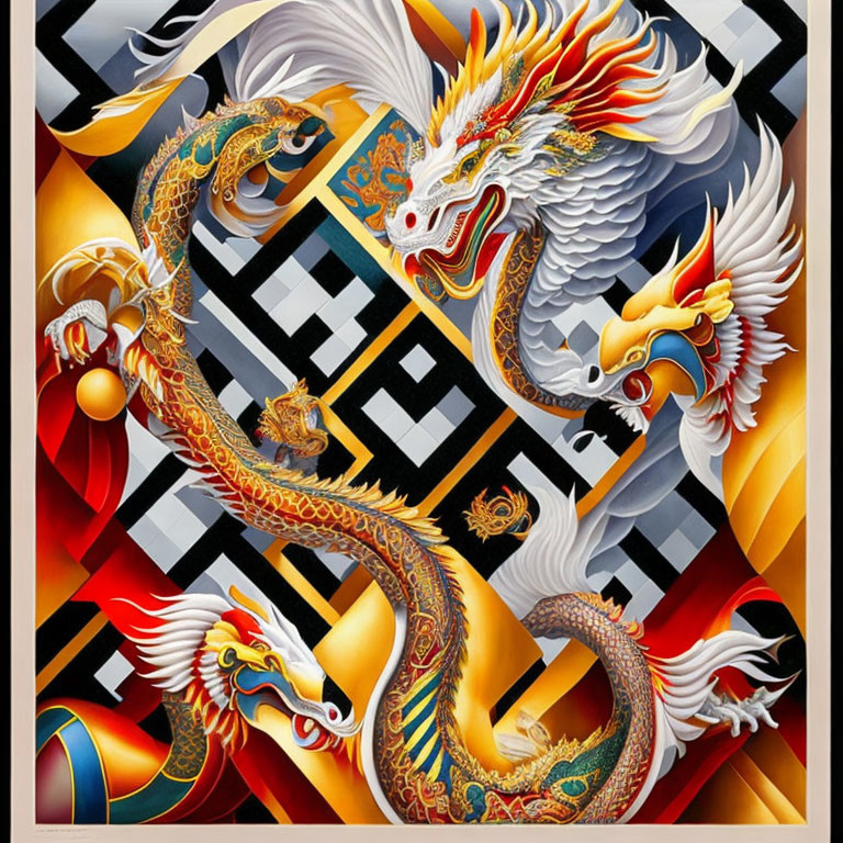 Colorful Stylized Dragon Artwork with Geometric Patterns