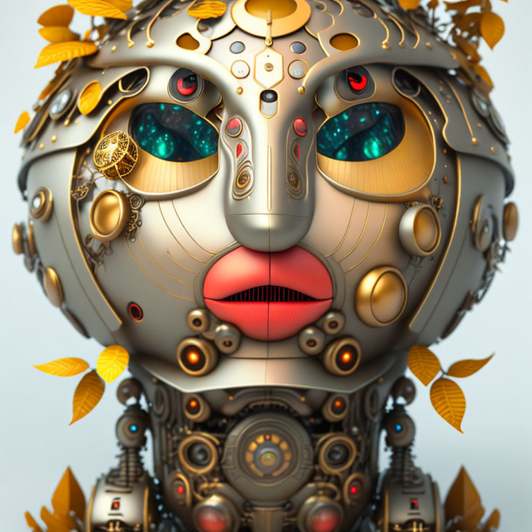 Intricate Steampunk-Style Robotic Head with Blue Eyes and Gold Leaves