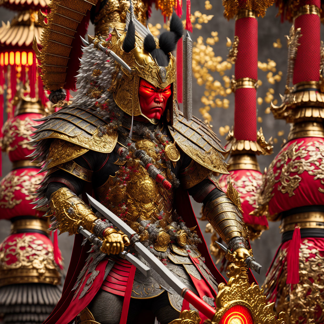 Elaborate traditional samurai armor with red and gold details in ornate setting