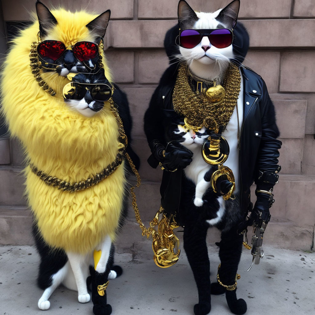 Two cats in hip-hop themed costumes with sunglasses and gold chains.