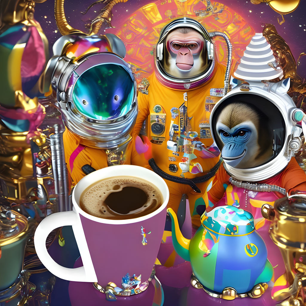 Surreal Image: Astronaut Monkeys, Colorful Teapots, Coffee Cup