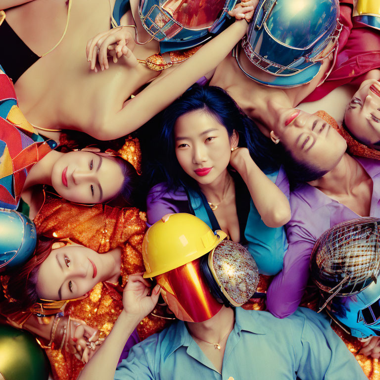 Diverse group in colorful, reflective helmets with metallic textures