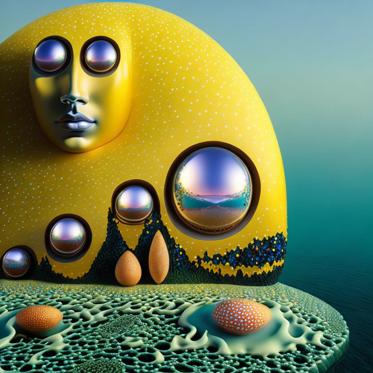 Surreal face merging with landscape, reflective spheres, textured surfaces on teal backdrop
