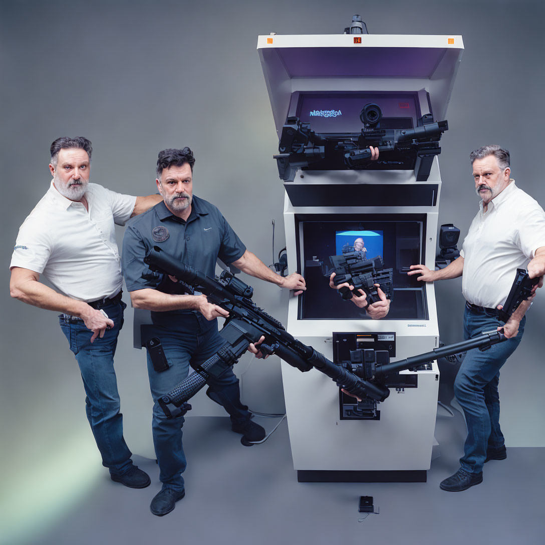 Two Men Posing with Rifles Beside High-Tech Device and Screen Portrait