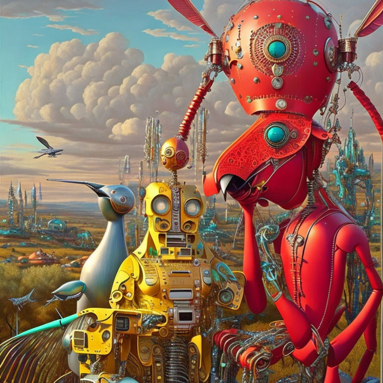 Vibrant artwork: three whimsical robots in futuristic landscape