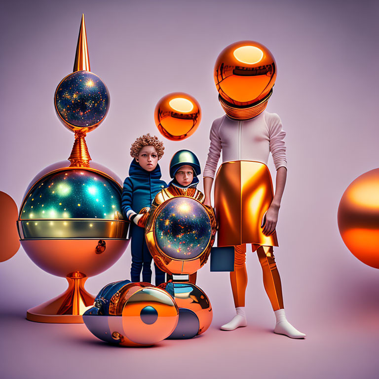 Surreal space-themed characters with orb-shaped objects on purple background