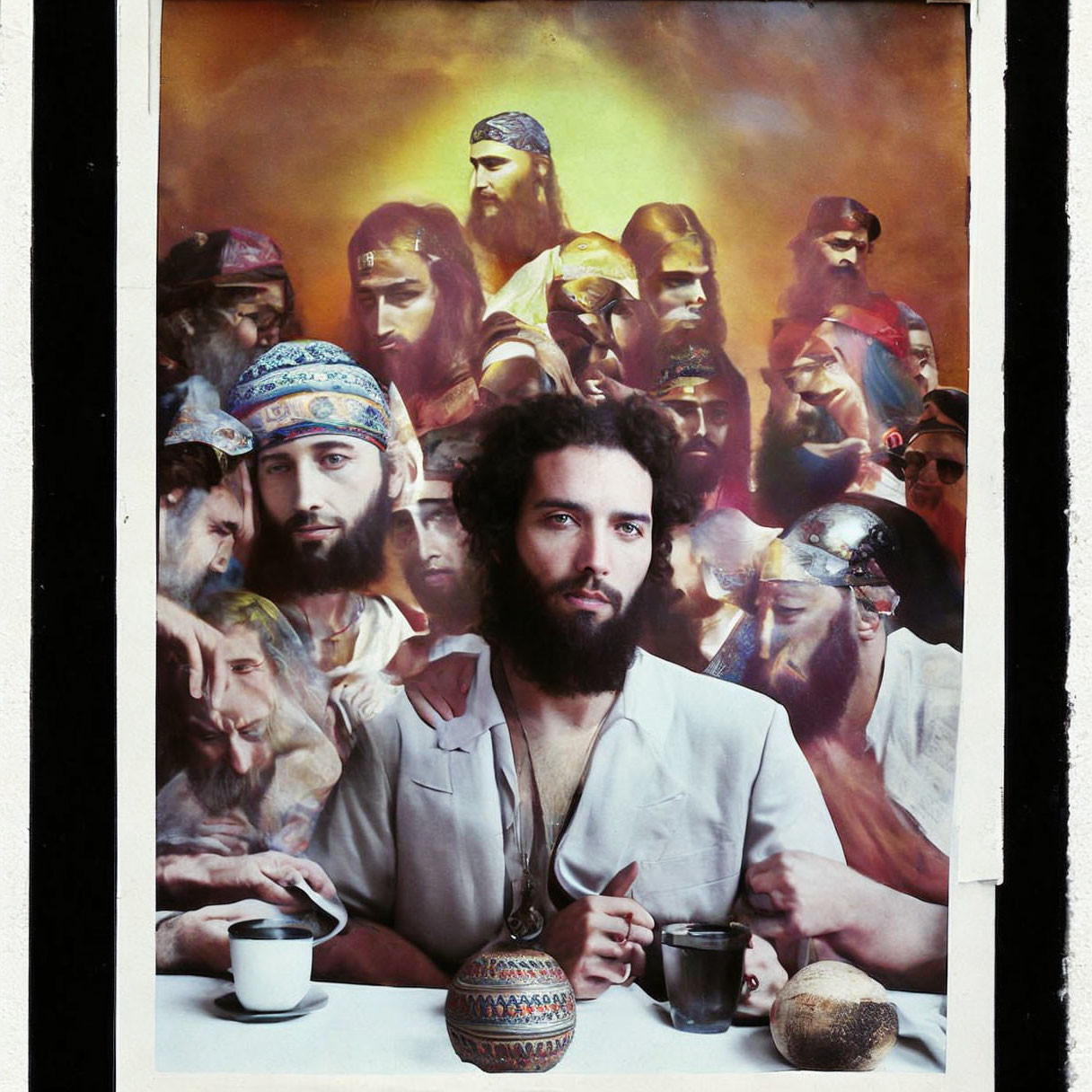 Religious-themed artwork featuring Jesus-like figure at a table with biblical and modern elements