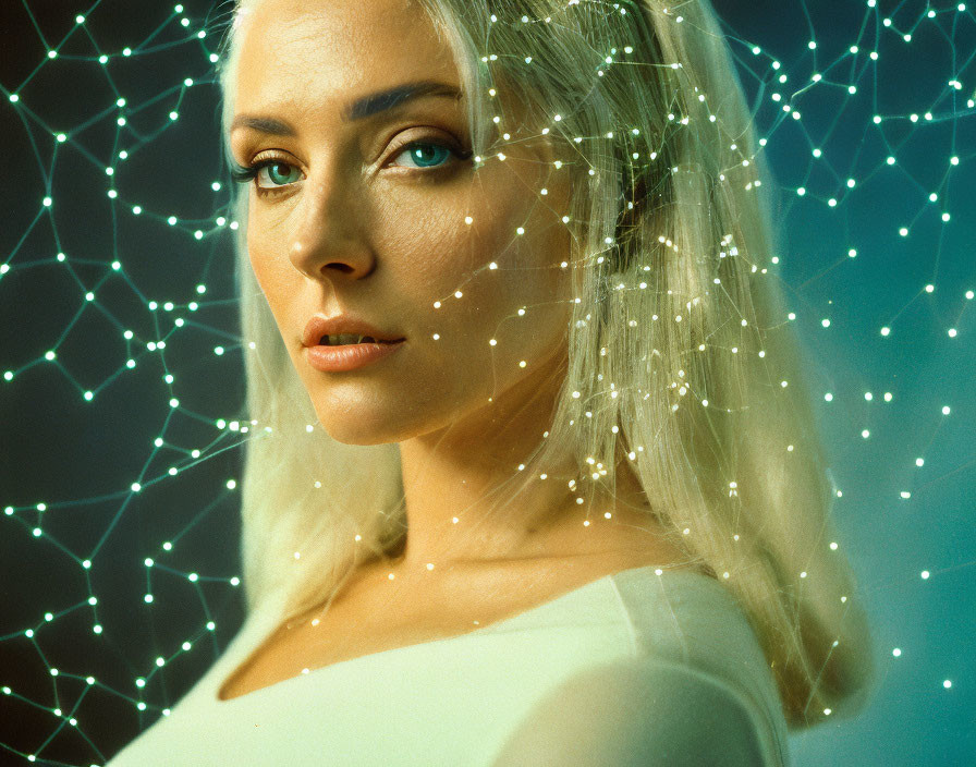 Blonde woman with blue eyes and digital connections overlay.